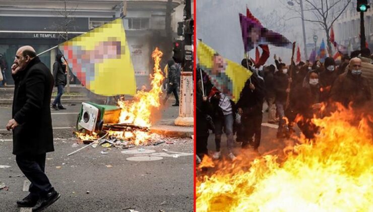 Paris’i savaş alanına çeviren göstericiler, terör örgütü PKK elebaşı Öcalan’ın posterlerini taşıdı